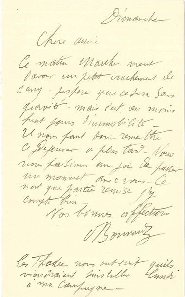 null Pierre BONNARD (1867-1947). L.A.S.,
Dimanche, à une amie [l'actrice Marthe Mellot,...