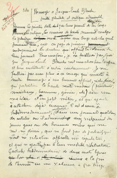 null André DERAIN (1880-1954). Manuscrit autographe signé, Hommage à Jacques-Émile...