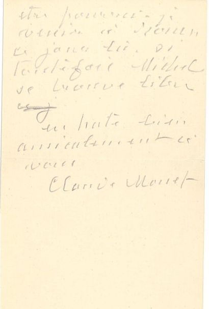 null Claude MONET. L.A.S., Giverny May 6, 1915, to M. Depeaux, at Lescure near Rouen;...