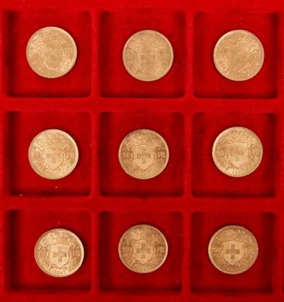 null 9 pieces of 20 Swiss Francs in gold. Type Helvetia. 1947 B