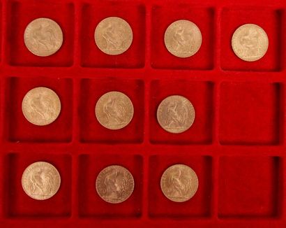 null 10 pièces de 20 Francs en or. Type Coq. 1907 - 1908 (7) - 1911 (2)