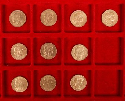 null 10 pièces de 20 Francs en or. Type Coq. 1904 - 1905 - 1907 (2) - 1908 (5) -...