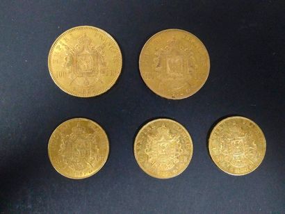 null Lot of 5 French gold coins
:- 2 coins of 100 Francs in gold:Type Napoléon III...