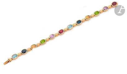 null 18K (750) gold bracelet, articulated with 12 oval colored stones (aquamarine,...