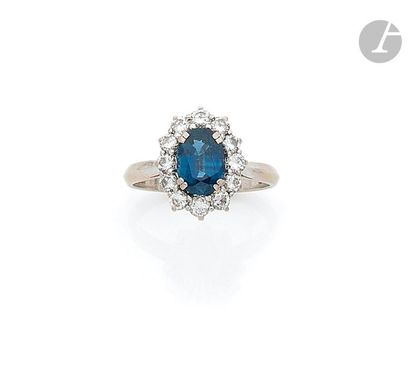 null Ring in 18K (750) white gold, adorned with an oval-shaped sapphire surrounded...