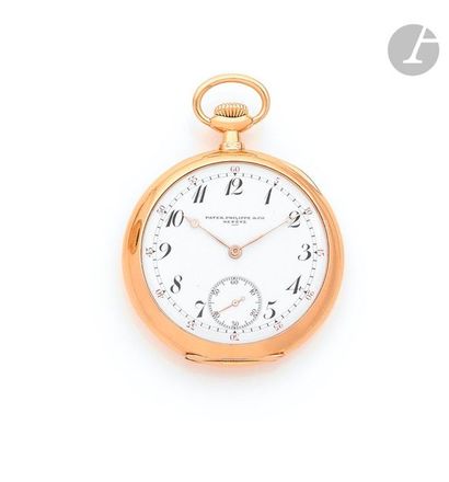 null PATEK PHILIPPE N°
27645318K (750) gold pocket
watch,
white enamel dial, Arabic...