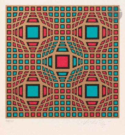 null Victor Vasarely (1906-1997)
Composition cinétique (rouge, bleu, or)
Sérigraphie...