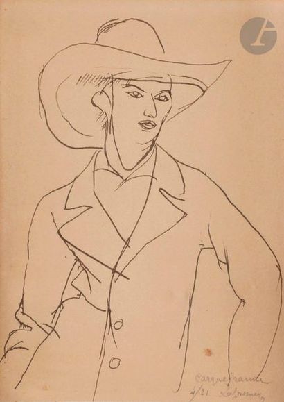 null Roger de LA FRESNAYE (1885-1925
)Raymond Radiguet with straw hat, 1921Ink
.
Signed,...