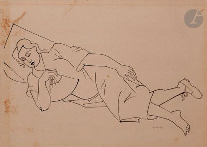 null André LHOTE (1885-1962
)Woman lying with fan, circa 1930Ink
on

paper mounted...