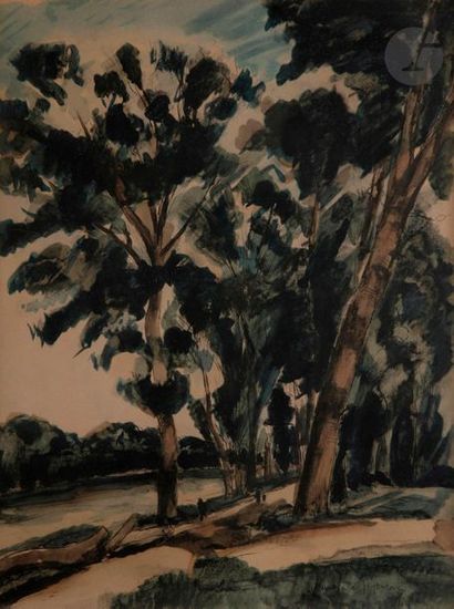 null André DUNOYER de SEGONZAC (1884-1974
)Riverside with big treesInk
and watercolour.
Signed...