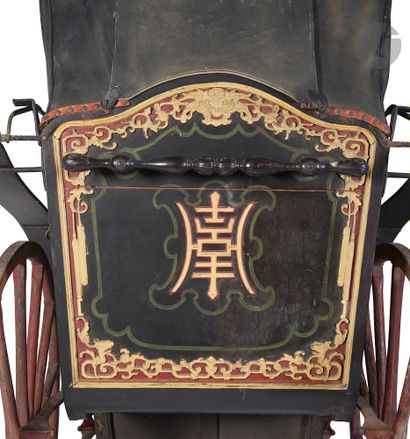 null 
Large Painted and Richly Decorated Wooden Rickshaw with Black Leather Hood,...