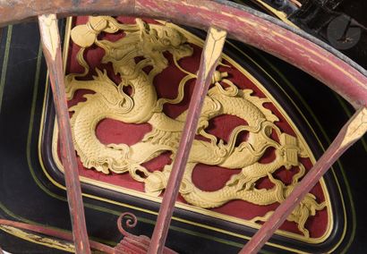 null 
Large Painted and Richly Decorated Wooden Rickshaw with Black Leather Hood,...