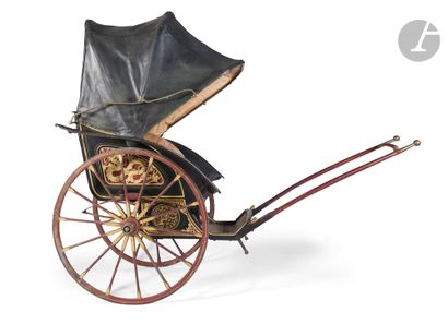 null 
Large Painted and Richly Decorated Wooden Rickshaw with Black Leather Hood,...