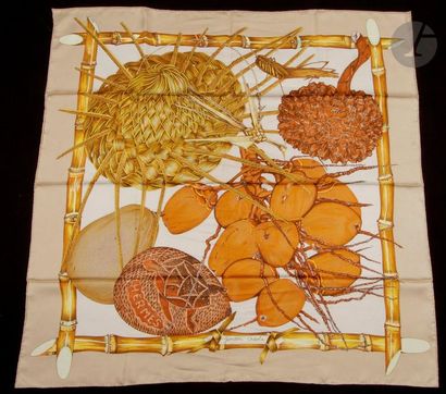 null HERMÈS square, "Creole Garden", beige background, marron glacé border. Signed...