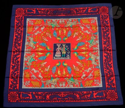 null HERMÈS square, "Early America", red background, navy blue border. 

Good co...