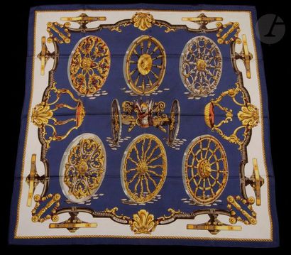 null HERMÈS square, "Les Roues", navy blue background, navy blue surround. Signed...