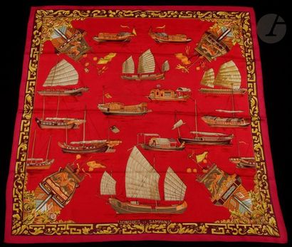 null HERMÈS square, "Jonques et Sampans", red background, red surround. Signed F....