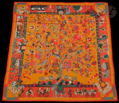null HERMÈS square, "Indian Fantasies", orange background, orange border. Signed...