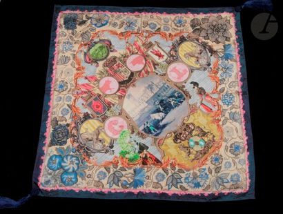 null Christian LACROIX. Silk square with Feria decoration, petrol blue surround.

Good...