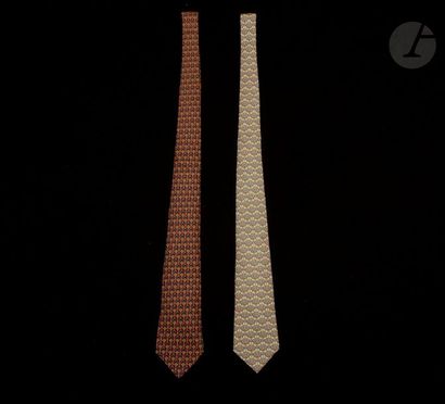 null HERMÈS, 2 silk ties: one decorated with anchors on a yellow background, the...