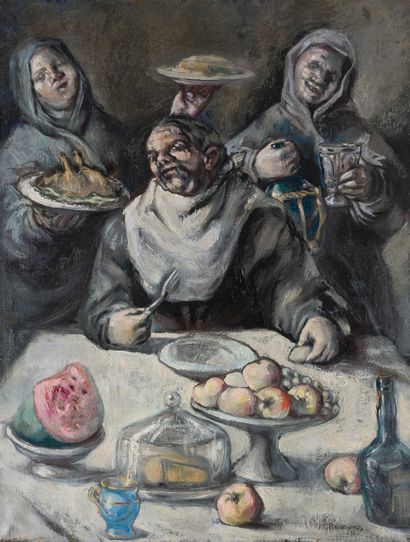 null Manuel ROMERO (1916-1985) 
The Feast 
Oil on canvas. 
Signed lower right. 
(Accident...