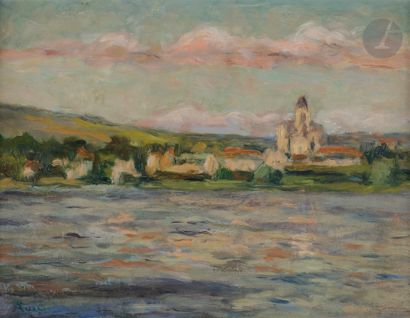 null Maximilien LUCE (1858-1941) 
Village en bord de rivière 
Huile sur isorel. 
Signée...