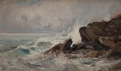 null Émile NOIROT (1853-1922) 
Mer agitée à Yport, 1902 
Huile sur toile. 
Signée,...