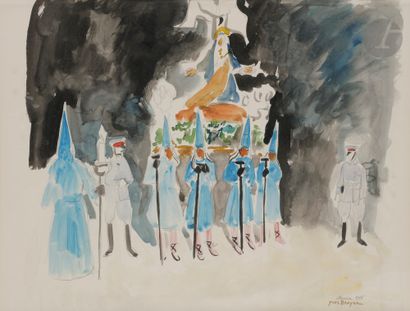 null Yves BRAYER (1907-1990) 
Pénitents bleus à Murcie, 1955 
Aquarelle. 
Signée,...