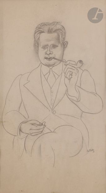 null Louis LATAPIE (1891-1972) 
Portrait d'homme à la pipe, 1921 
Crayon et estompe....