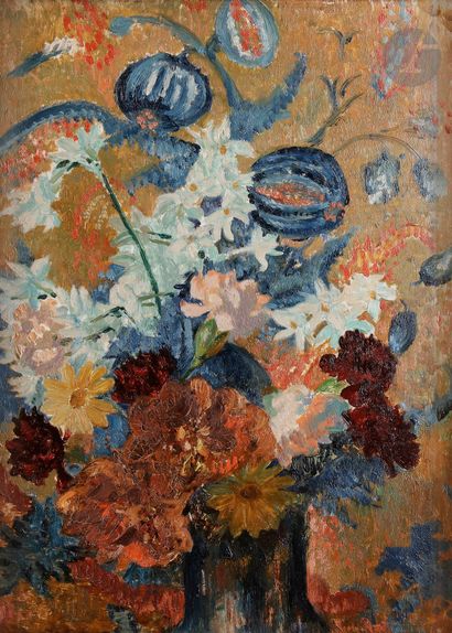 null René PIOT (1869-1934) 
Bouquet de fleurs 
Huile sur panneau. 
Signée en bas...