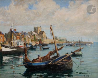 null Paul BLANVILLAIN (1891-1965) 
Barfleur, le port, 1959 
Huile sur toile. 
Signée...