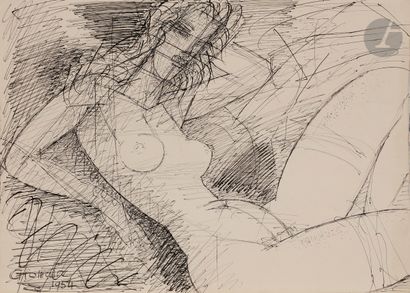 null Marcel GROMAIRE (1892-1971)
Femme nue au bras levé, 1954
Encre.
Signée et datée...