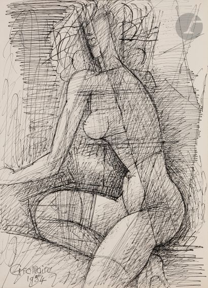 null Marcel GROMAIRE (1892-1971)
Femme nue assise aux bas, 1954
Encre.
Signée et...
