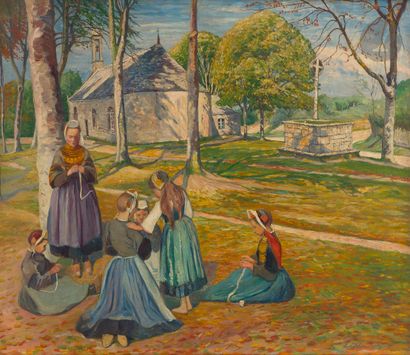 null Edmond CHAMPON (1879-?
)Breton lacemakers, around Pont-l'AbbéOil
on canvas.
Signed...