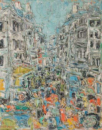 null André COTTAVOZ (1922-2012
)Rue Montorgueil, 1973Oil
on panel.
Signed and dated...