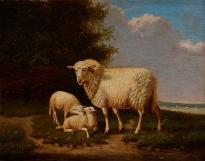 null 
ECOLE du XIXe siècle



)Ewe and her youngHuile



on panel.



Signed lower...