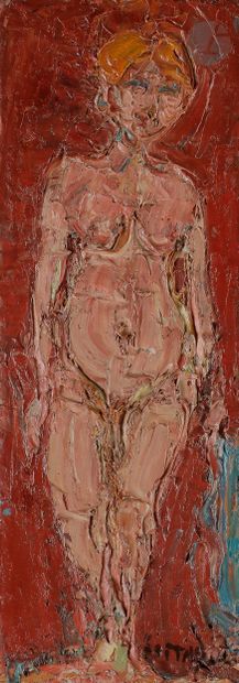 null André COTTAVOZ (1922-2012
)Nude with red background, circa 1960Oil
on panel.
Signed...