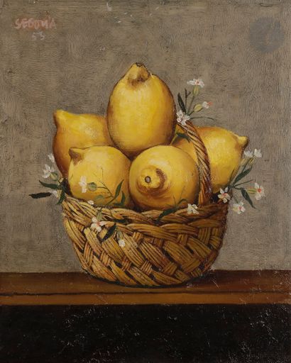 null Andres SEGOVIA (1929-1996)
Nature morte aux citrons, 1955
Huile sur toile.
Signée...