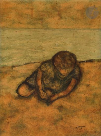 null Faïbich-Schraga ZARFIN (1899-1975)
Enfant à la plage
Gouache vernie sur carton.
Signée...