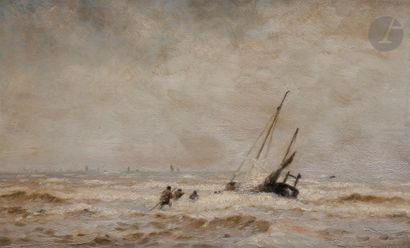 null Francis TATTEGRAIN (1852-1915
)Return from fishing, rough seaOil
on panel.
Signed...
