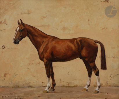 null André MARCHAND (1877-1951)
Cheval au repos, 1945
Huile sur panneau.
Signée et...