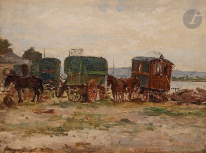 null Georges BINET (1865-1949
)The Gypsy Camp on the Seine RiverOil
on panel.
Signed...