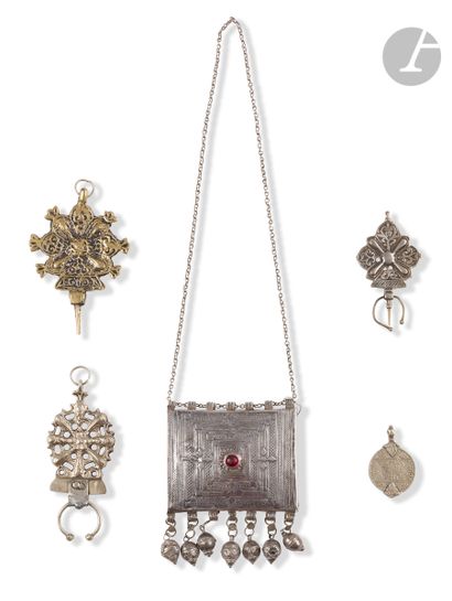  Silver talismanic box mounted as a necklace, probably Morocco, early 20th century....