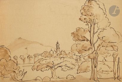  André MAIRE (1898-1984) Inde, paysage Lavis d’encre brune. Signé en bas à gauche....