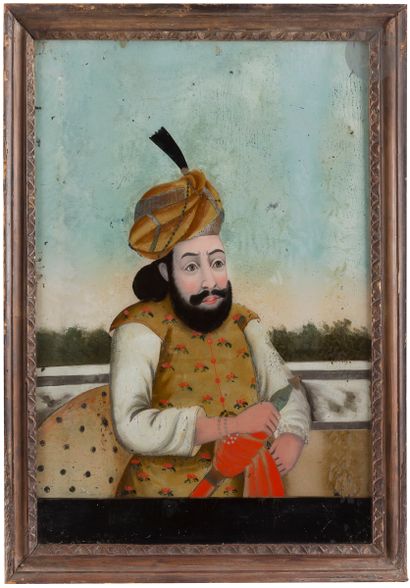 A reverse glass painting of a dignitary,...
