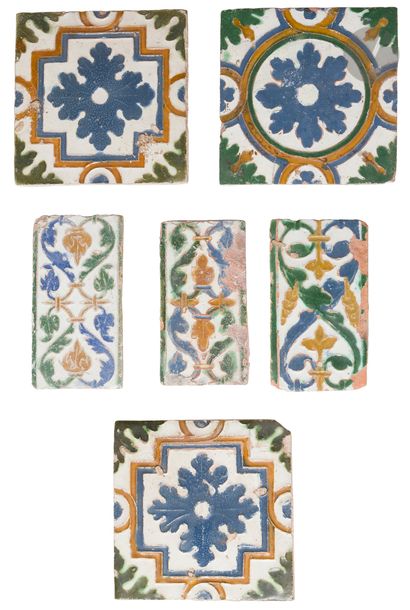 Six Hispano-Moorish tiles, Spain, probably...
