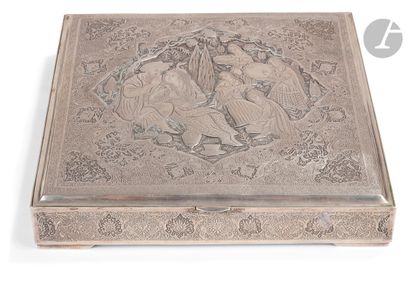 null Box with a galant scene, Iran, 20th
centurySquare silver, opening with a hinged...
