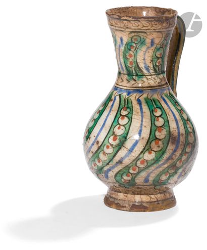  Jug with tongue decoration, Ottoman Turkey, Iznik, 17th centurySiliceous ceramic...