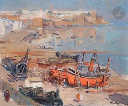  Henri-Jean PONTOY (1888-1968) Chantier naval dans le port de Rabat Huile sur toile....