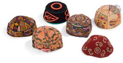  Set of six small embroidered skullcaps, Central Asia, 20th centurySlightly conical...